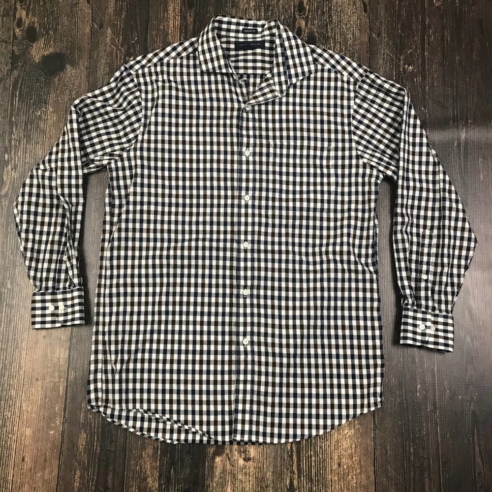 TOMMY HILFIGER Plaid Dress Shirt Medium Regular Fit Textured Cotton Brown Blue